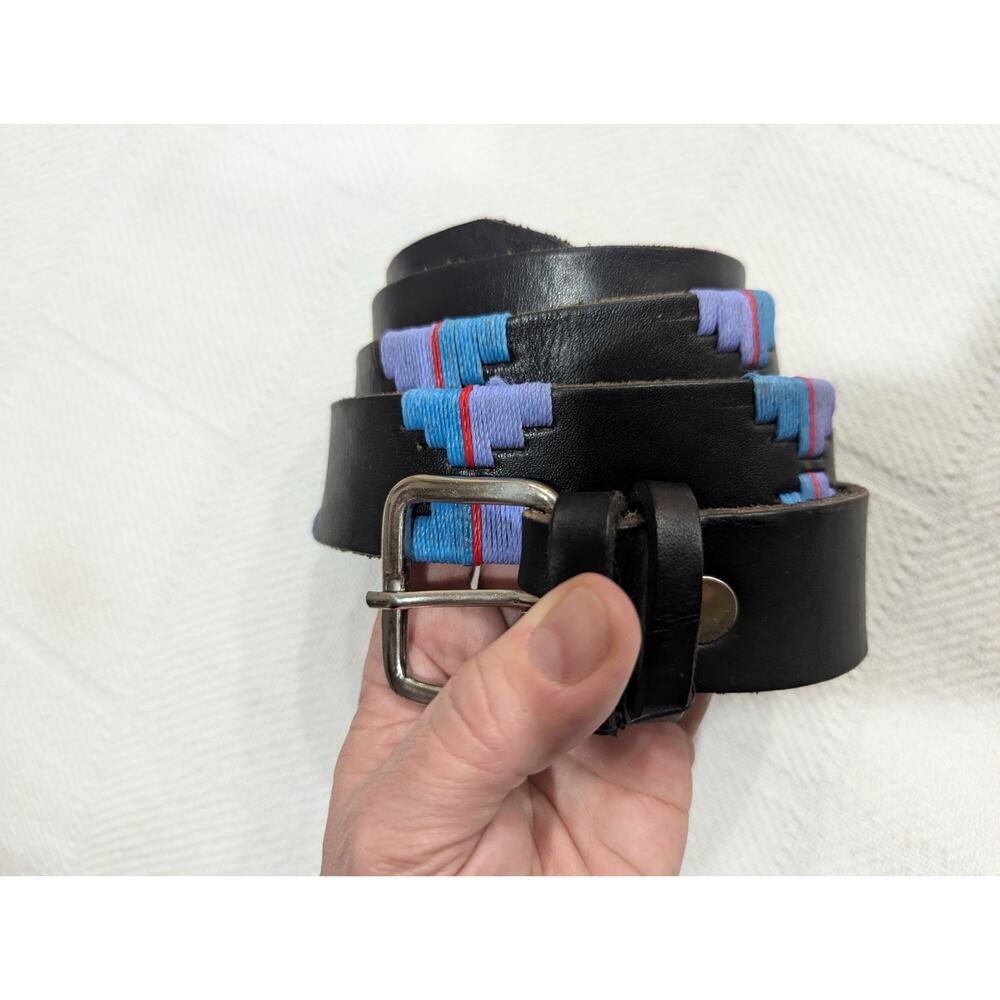 Black leather belt w/Southwestern teal and purple embroidery pattern (42")